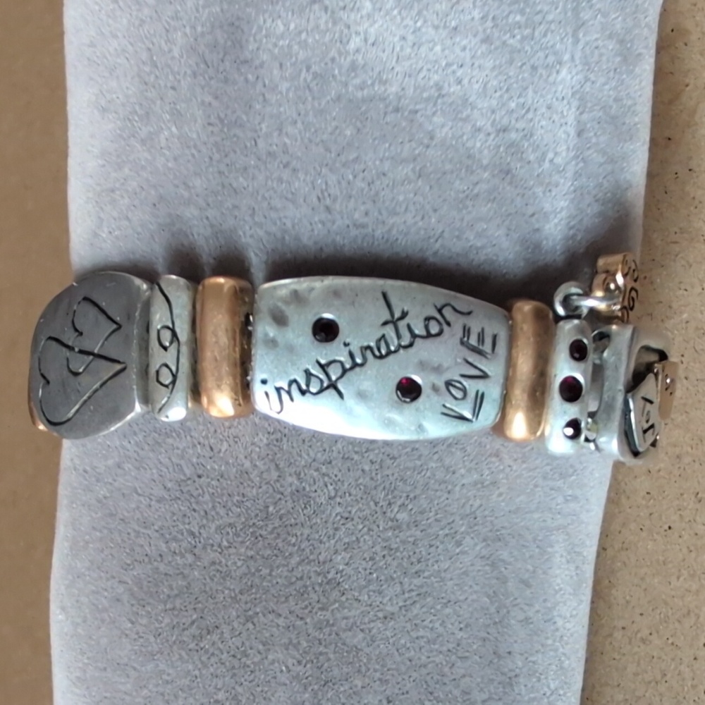 Silver and Gold Tone Heart with Red Crystals Stretch Bracelet